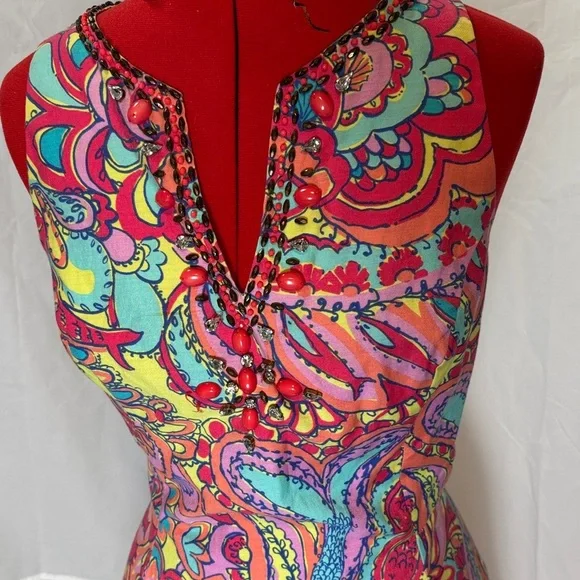 Lilly Pulitzer Vibrant Multicolor Paisley Dress with beaded neckline - Picture 2 of 12